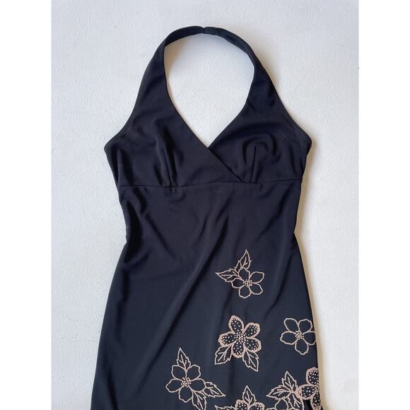 Y2K Black Floral Beaded Halter Dress Sz S Fairy Goth Prom Formal RAMPAGE - Picture 3 of 11